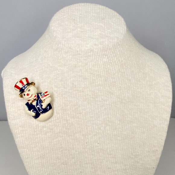 Patriotic Snowman Brooch And Pendant Heavy Gold Tone Enamel Cloisonne - Picture 2 of 9